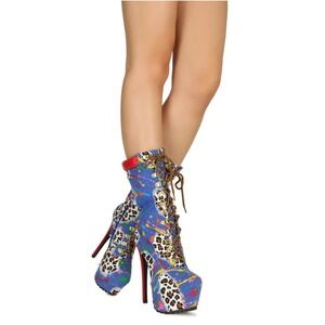 Alba Womens Printed D-Ring Lace Up Stiletto Pointy Mid Calf Platform Booties 7